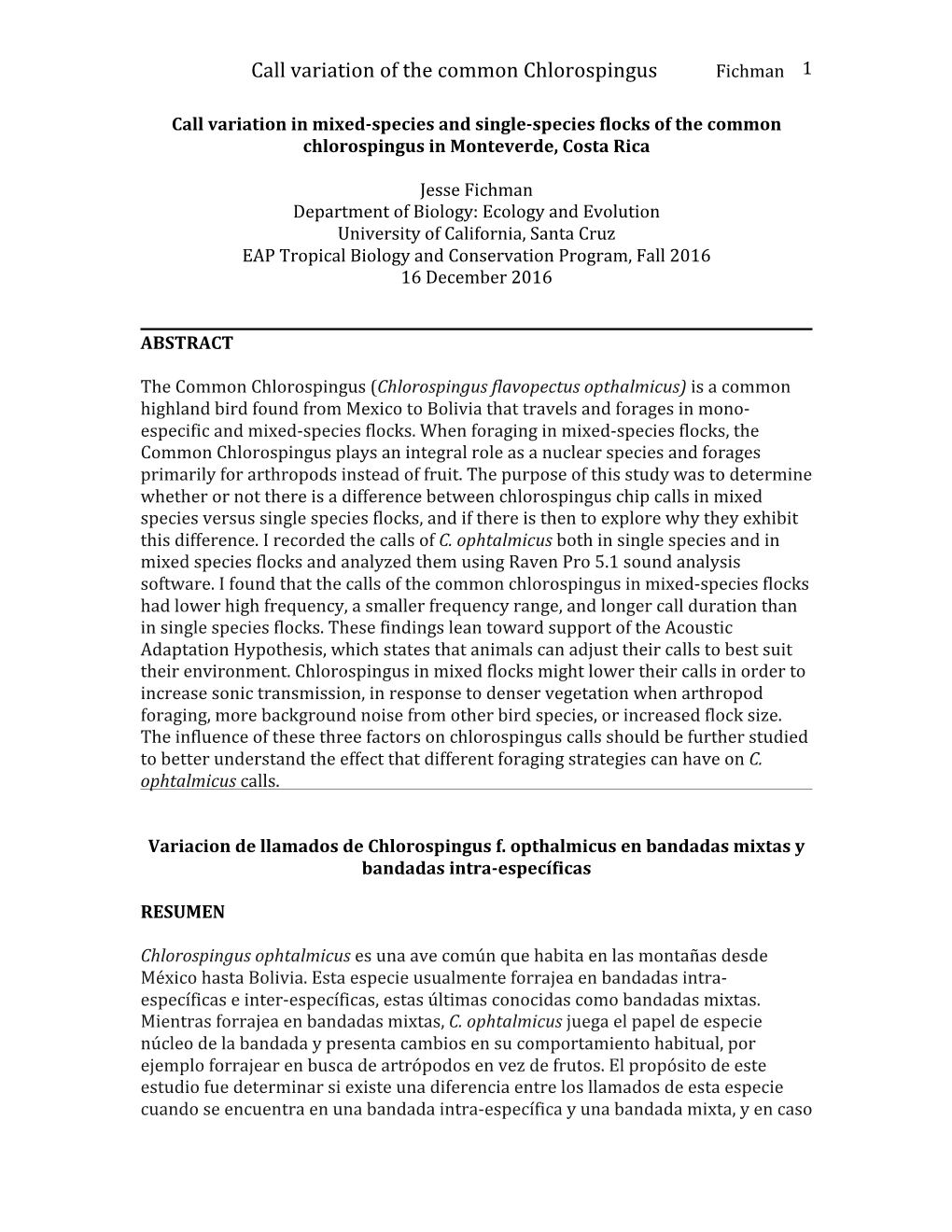 Call Variation of the Common Chlorospingus Fichman 1