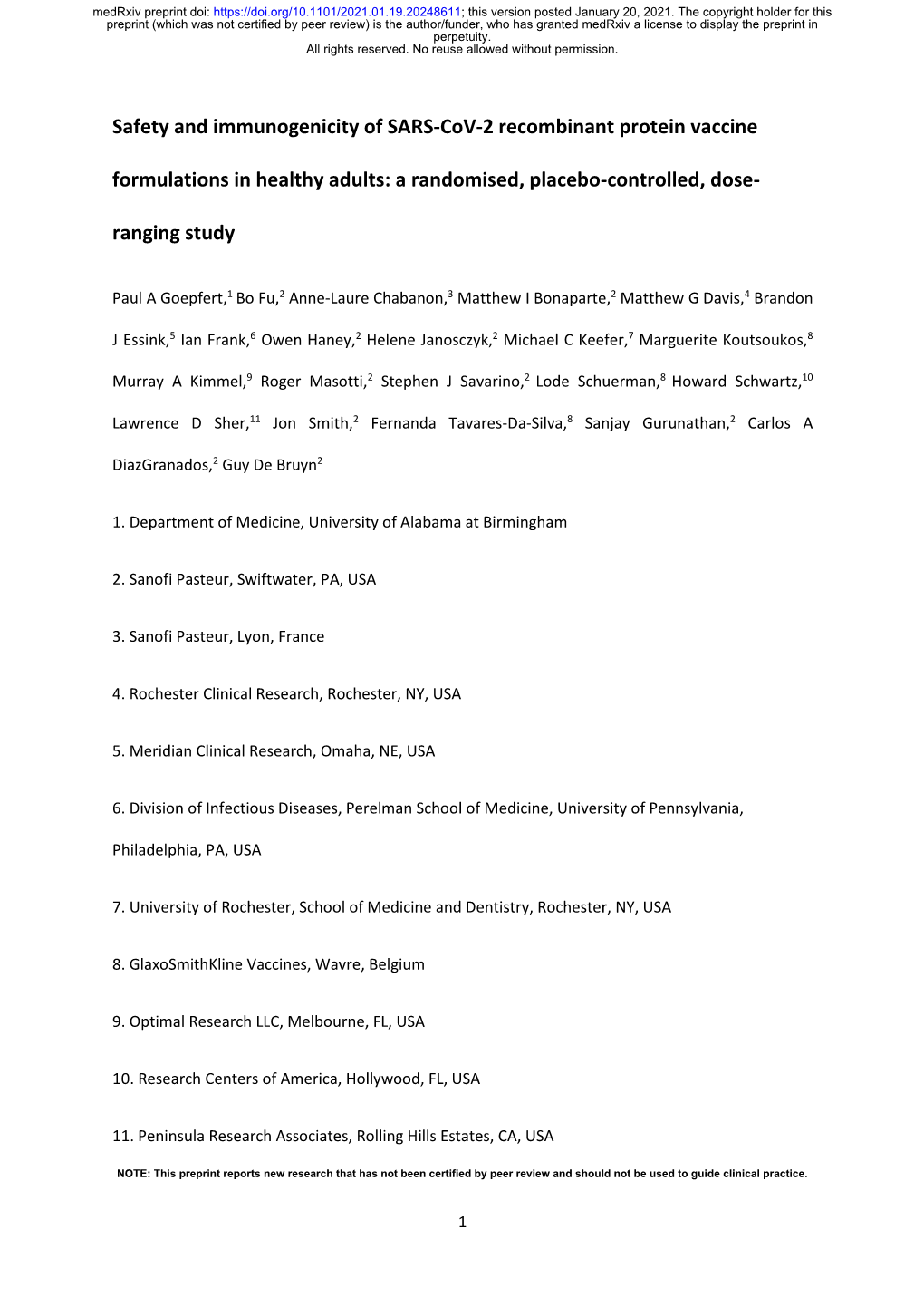 Safety and Immunogenicity of SARS-Cov-2 Recombinant Protein Vaccine