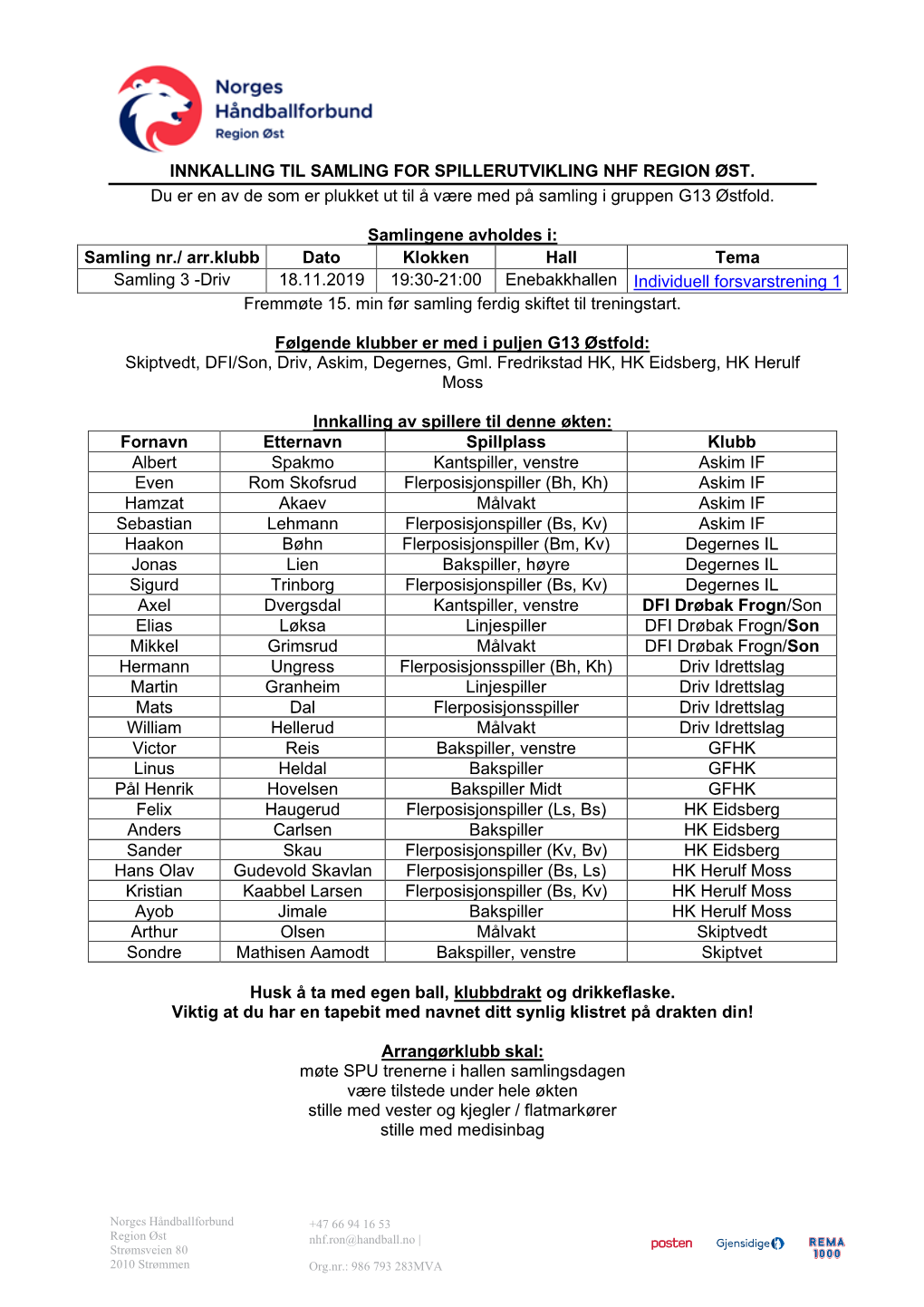 INNKALLING TIL SAMLING for SPILLERUTVIKLING NHF REGION ØST. Du Er En Av De Som Er Plukket Ut Til Å Være Med På Samling I Gruppen G13 Østfold