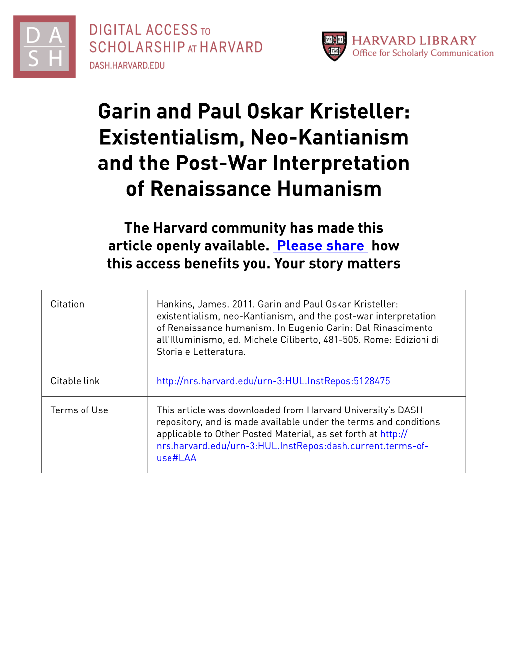 Garin and Paul Oskar Kristeller: Existentialism, Neo-Kantianism and the Post-War Interpretation of Renaissance Humanism