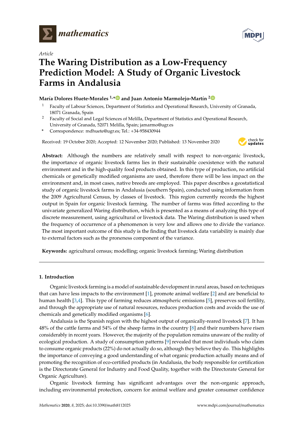 The Waring Distribution As a Low-Frequency Prediction Model: a Study of Organic Livestock Farms in Andalusia