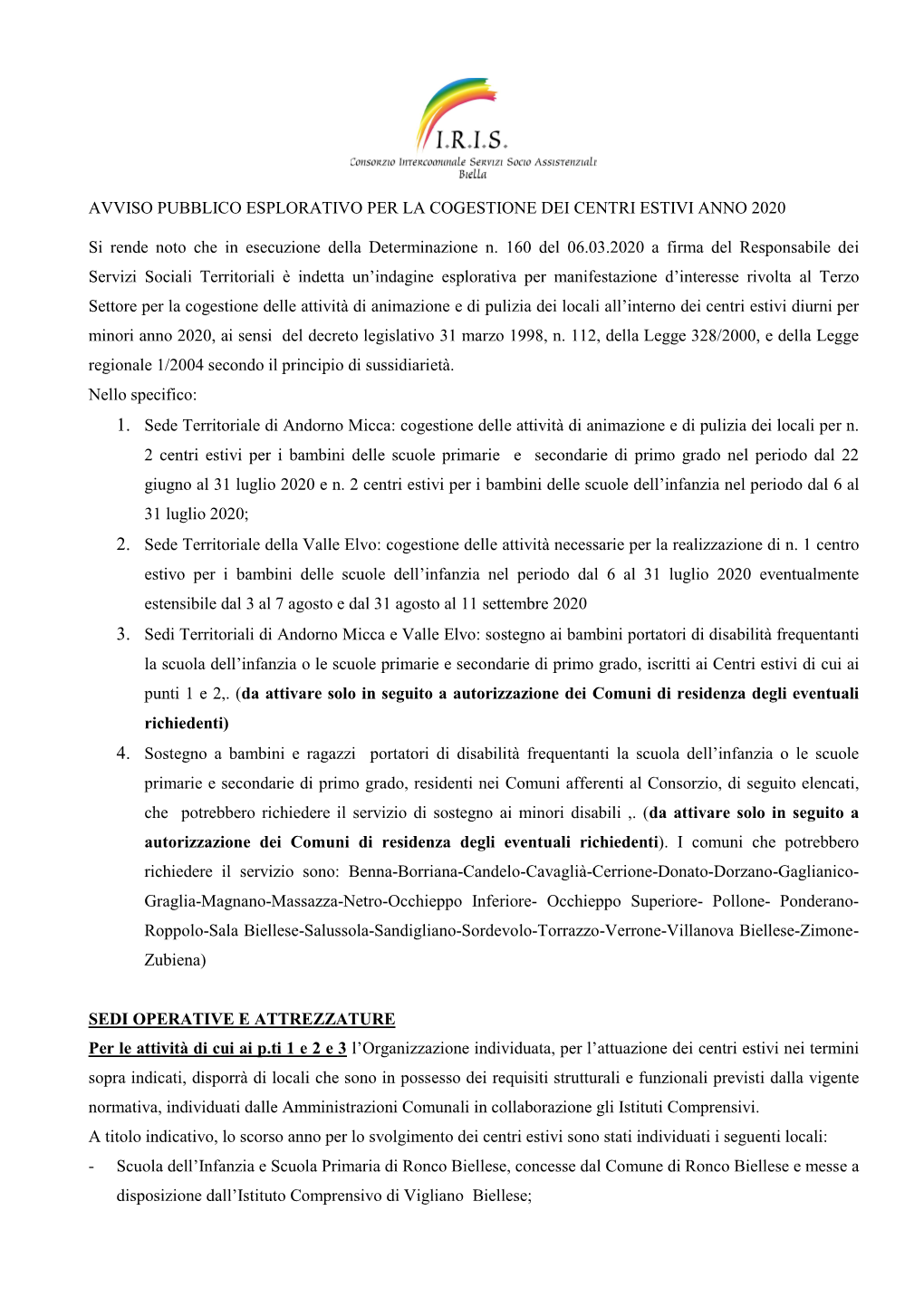 Avviso Pubblico Esplorativo Per La Cogestione Dei Centri Estivi Anno 2020