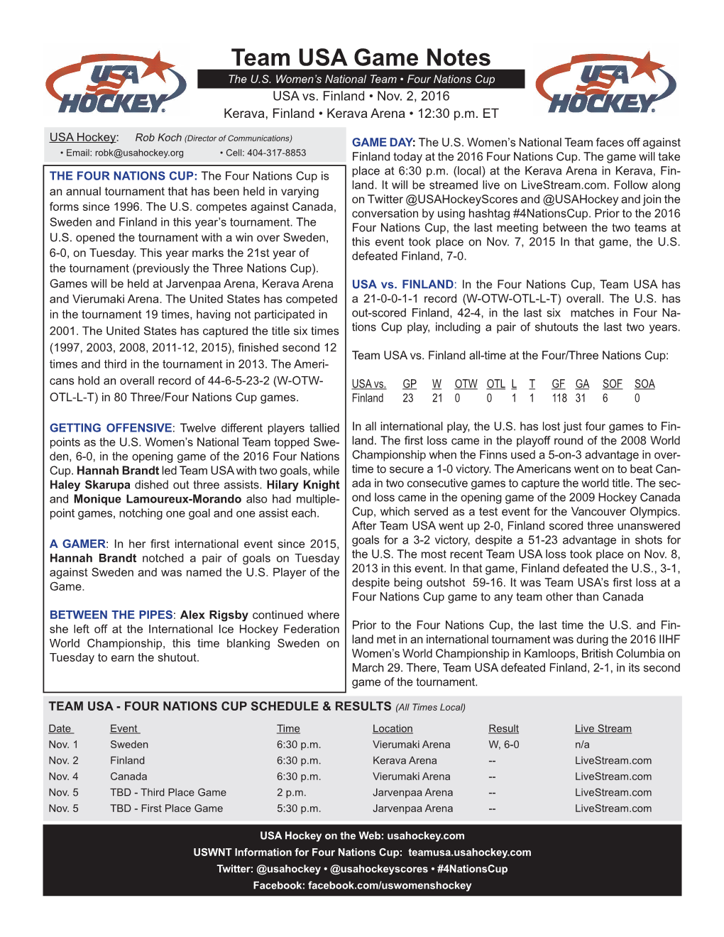 Team USA Game Notes the U.S