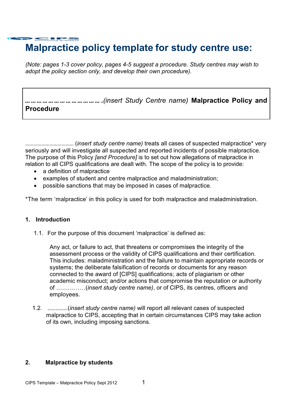 Malpractice Policy Template for Study Centre Use