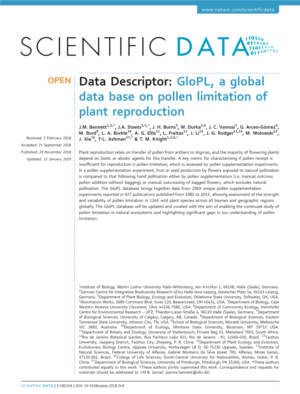 Glopl, a Global Data Base on Pollen Limitation of Plant Reproduction