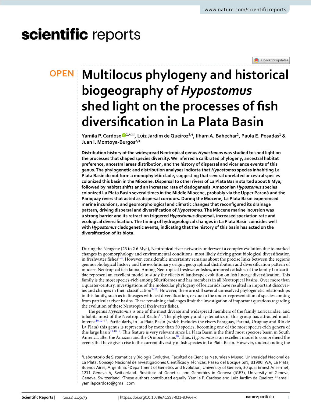 Multilocus Phylogeny and Historical Biogeography of Hypostomus Shed Light on the Processes of Fsh Diversifcation in La Plata Basin Yamila P