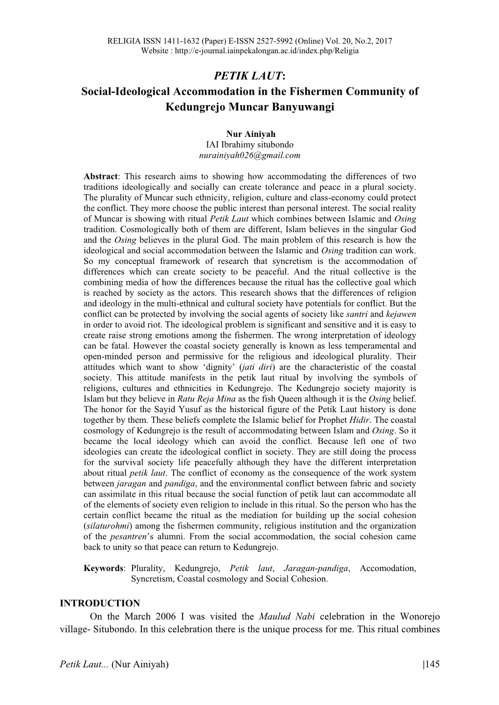 PETIK LAUT: Social-Ideological Accommodation in the Fishermen Community of Kedungrejo Muncar Banyuwangi