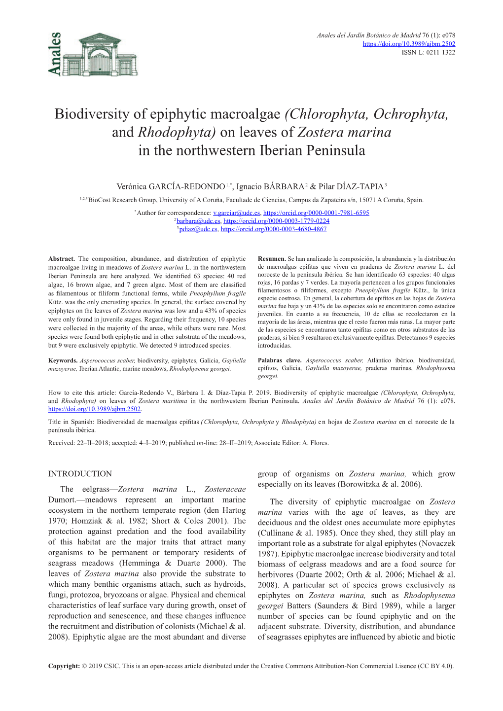 Biodiversity of Epiphytic Macroalgae (Chlorophyta, Ochrophyta, and Rhodophyta) on Leaves of Zostera Marina in the Northwestern Iberian Peninsula