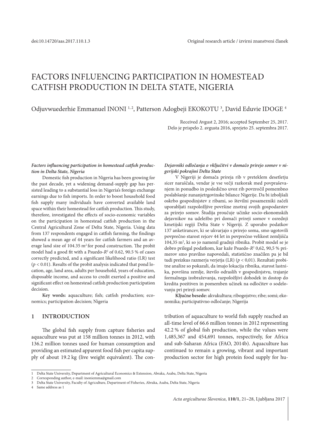 Factors Influencing Participation in Homestead Catfish Production in Delta State, Nigeria