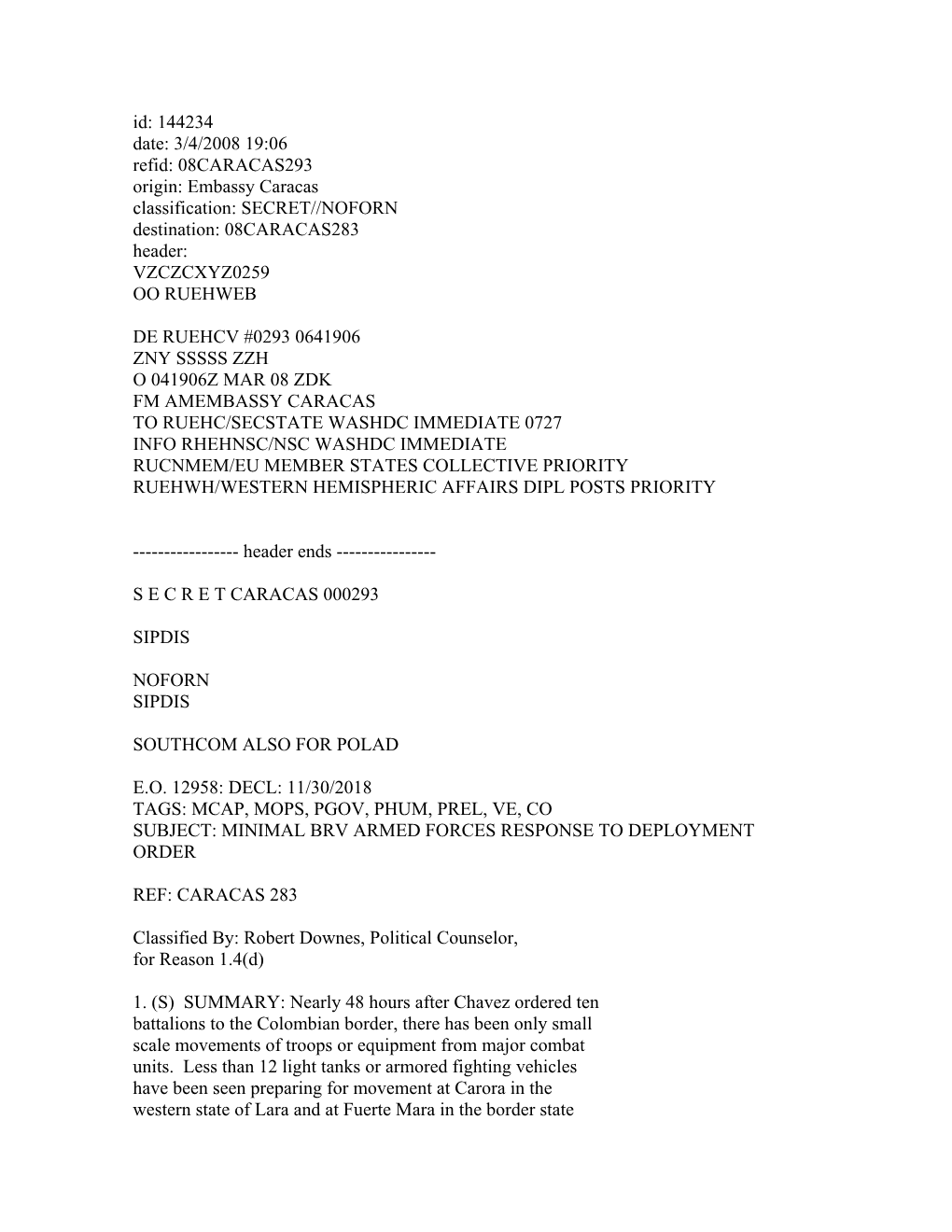 Id: 144234 Date: 3/4/2008 19:06 Refid: 08CARACAS293 Origin: Embassy Caracas Classification: SECRET//NOFORN Destination: 08CARACAS283 Header: VZCZCXYZ0259 OO RUEHWEB