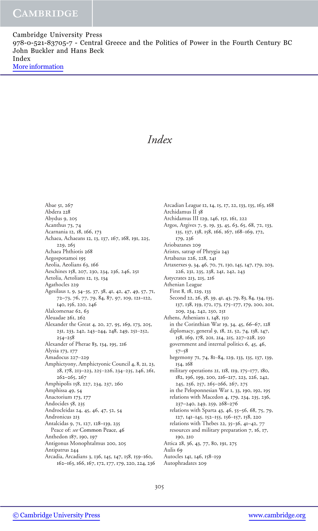 Central Greece and the Politics of Power in the Fourth Century BC John Buckler and Hans Beck Index More Information