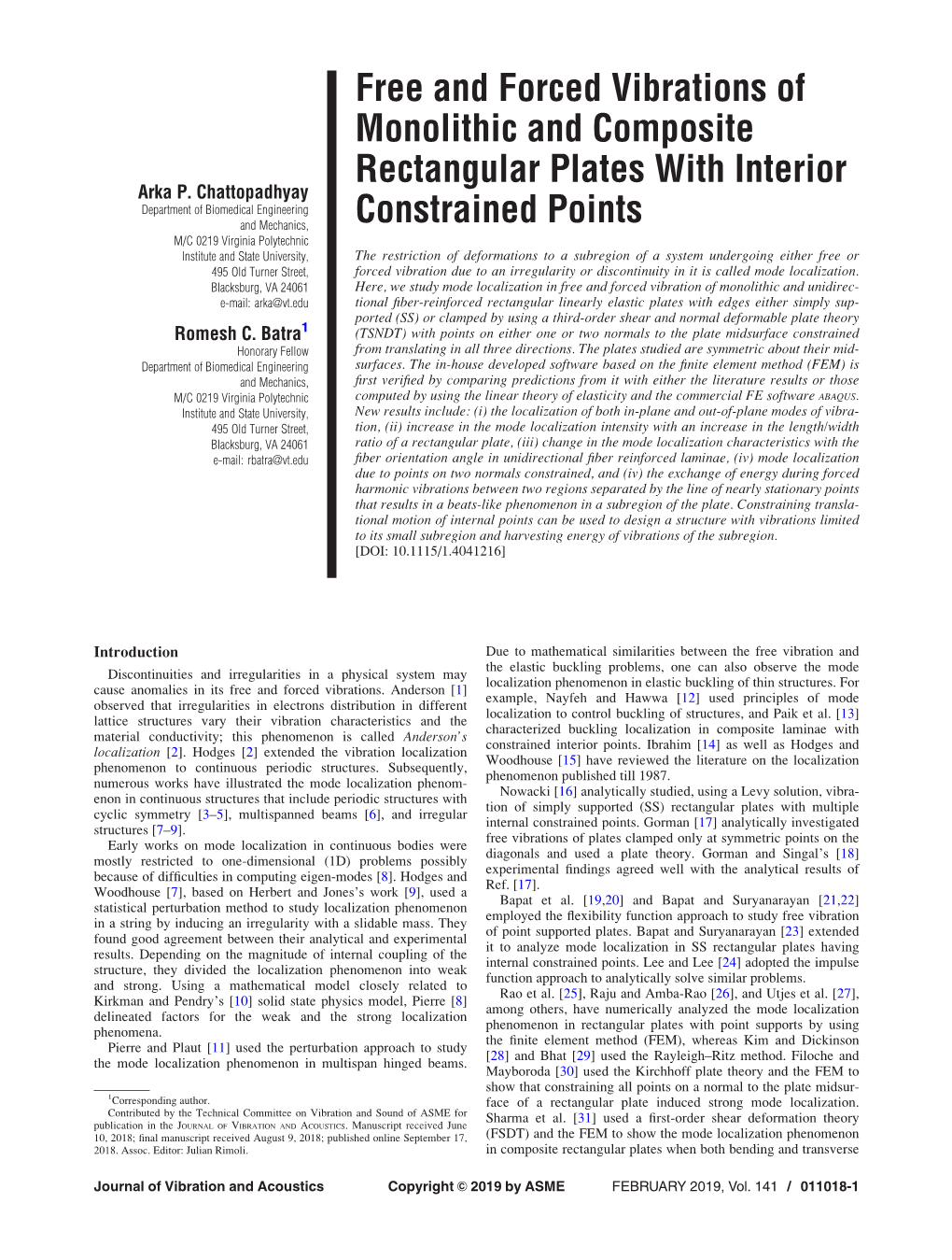 Free and Forced Vibrations of Monolithic and Composite Rectangular Plates with Interior Constrained Points