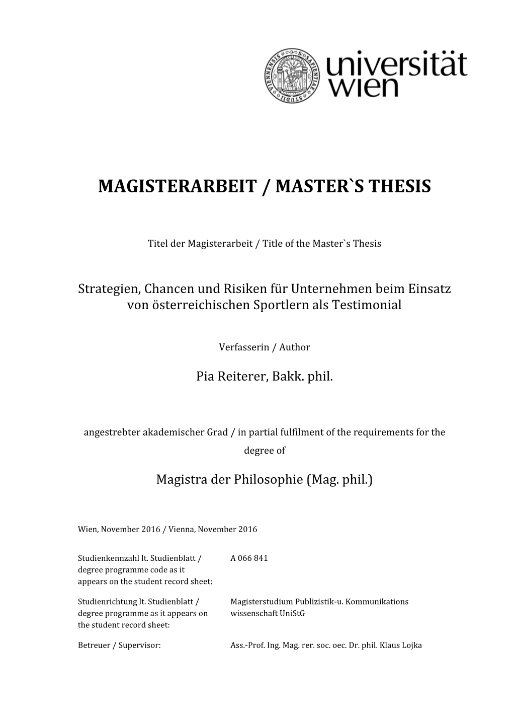 Magisterarbeit / Master`S Thesis