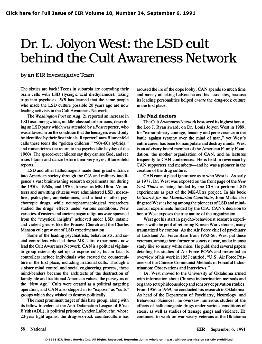 Dr. L. Jolyon West: the LSD Cult Behind the Cult Awareness Network