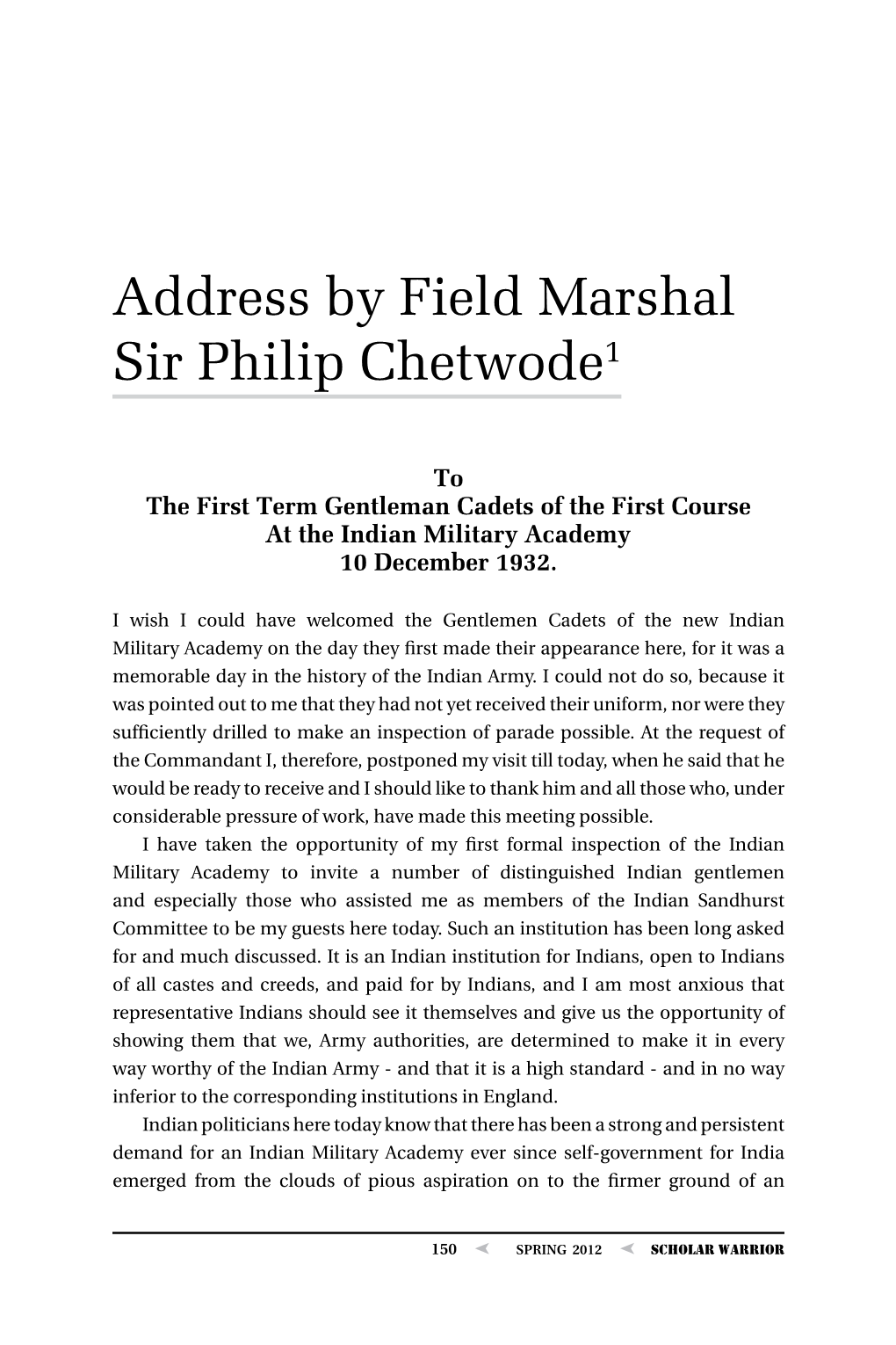 Address by Field Marshal Sir Philip Chetwode1