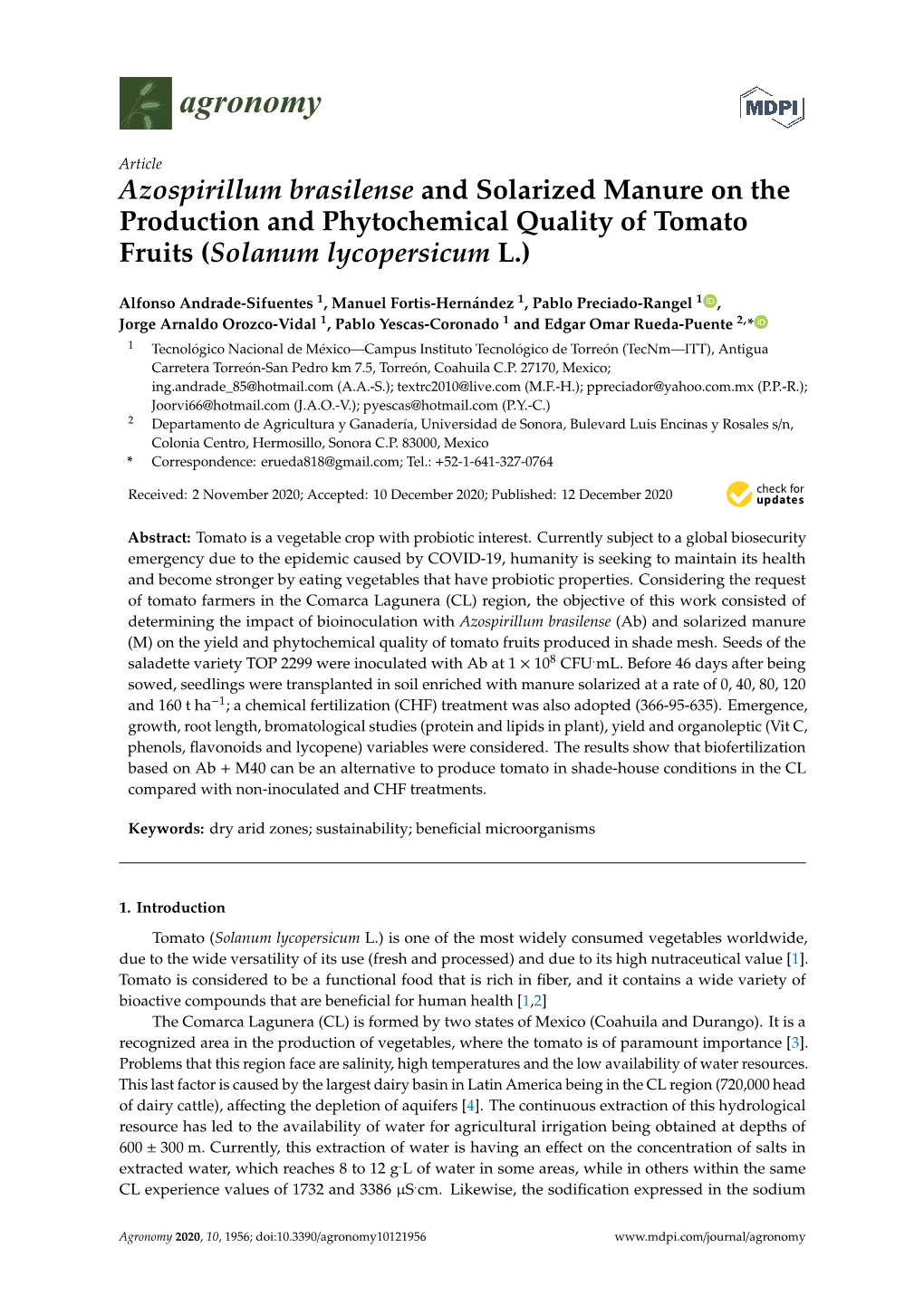 Azospirillum Brasilense and Solarized Manure on the Production and Phytochemical Quality of Tomato Fruits (Solanum Lycopersicum L.)