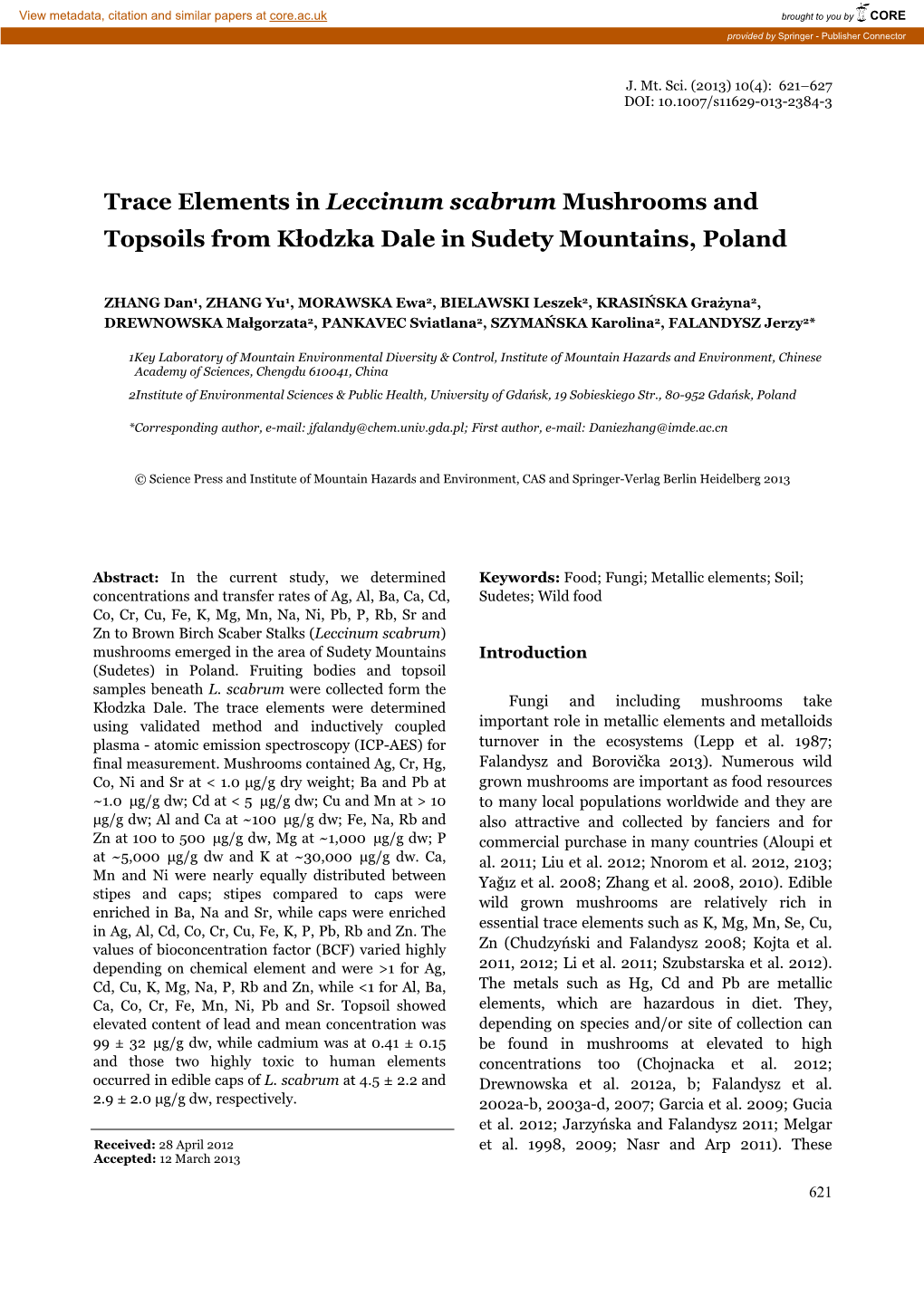 Trace Elements in Leccinum Scabrum Mushrooms and Topsoils from Kłodzka Dale in Sudety Mountains, Poland