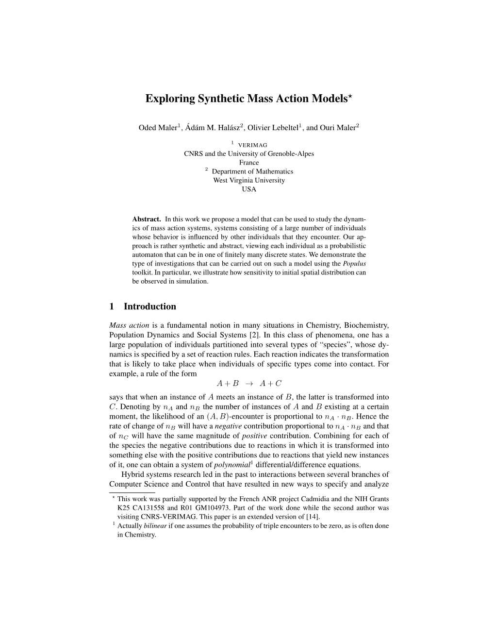 Exploring Synthetic Mass Action Models⋆