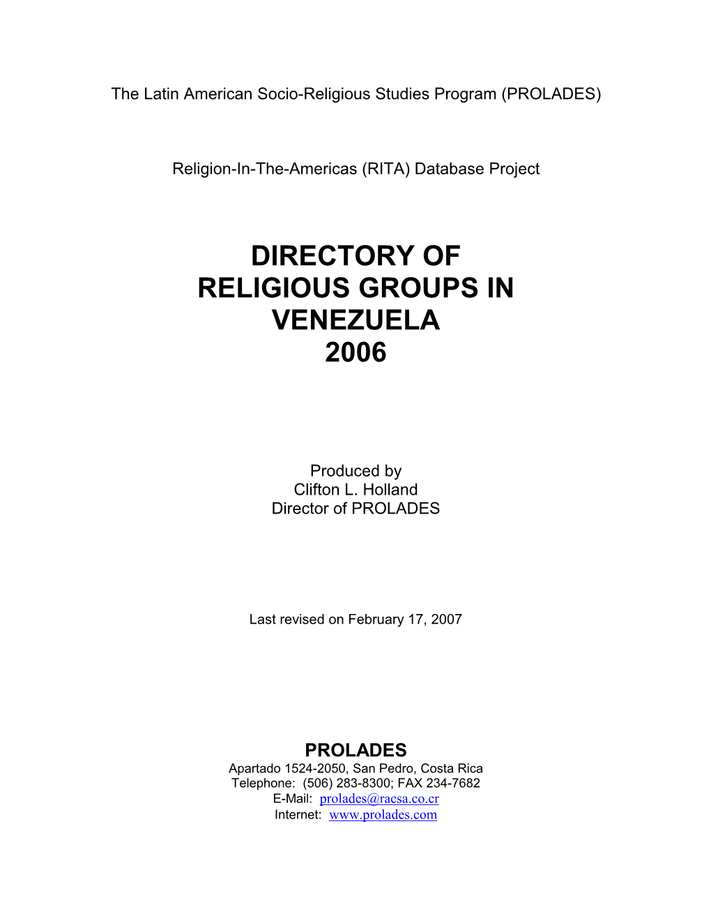 Directory of Religious Groups in Venezuela, 2006