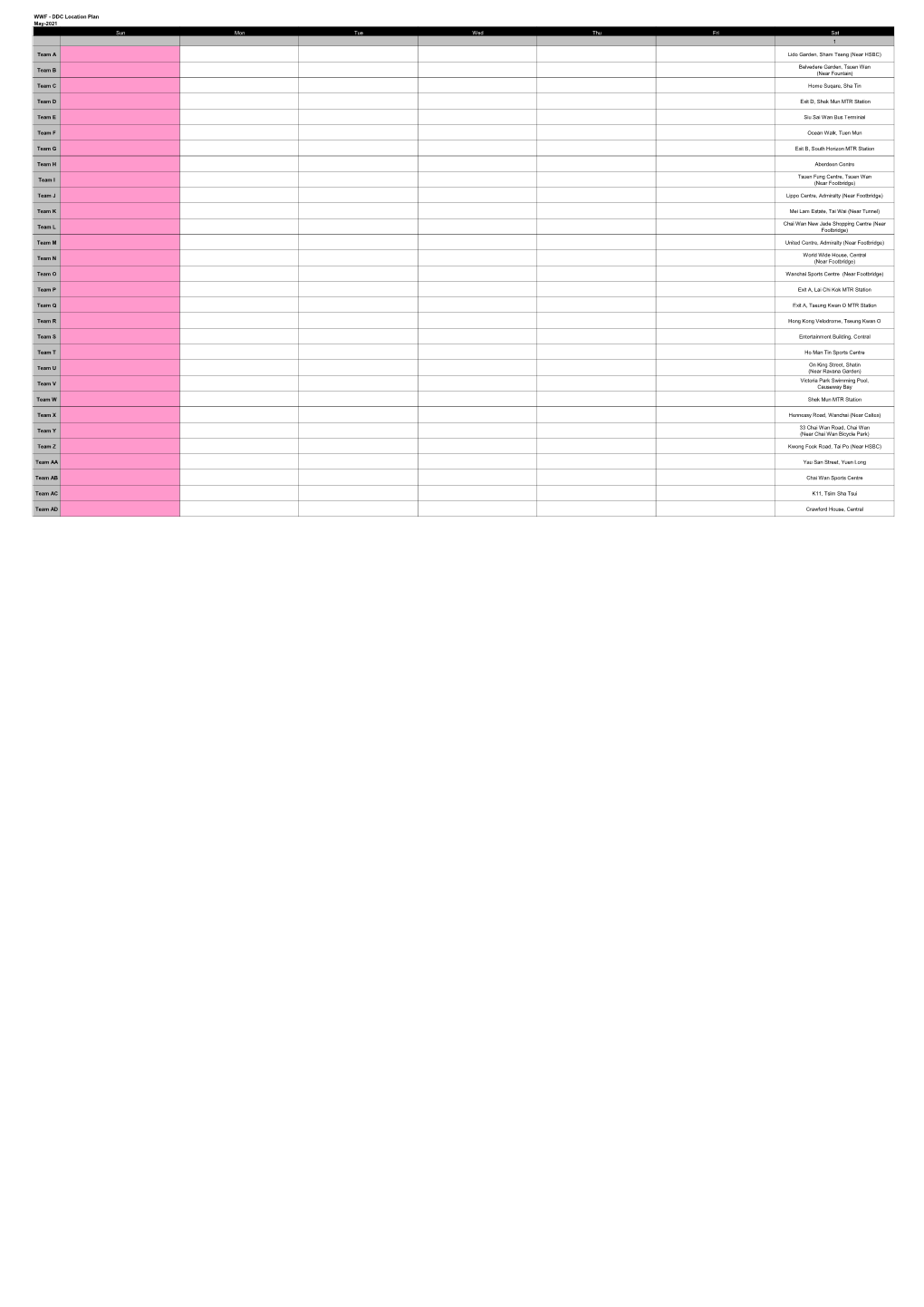 DDC Location Plan Sun Mon Tue Wed Thu Fri Sat 1 Team a Lido