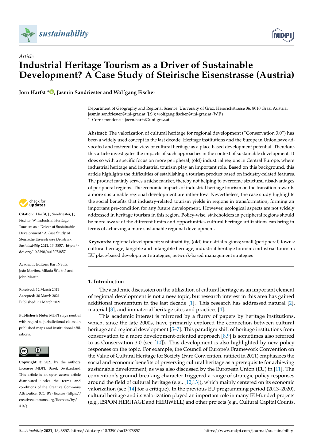 Industrial Heritage Tourism As a Driver of Sustainable Development? a Case Study of Steirische Eisenstrasse (Austria)