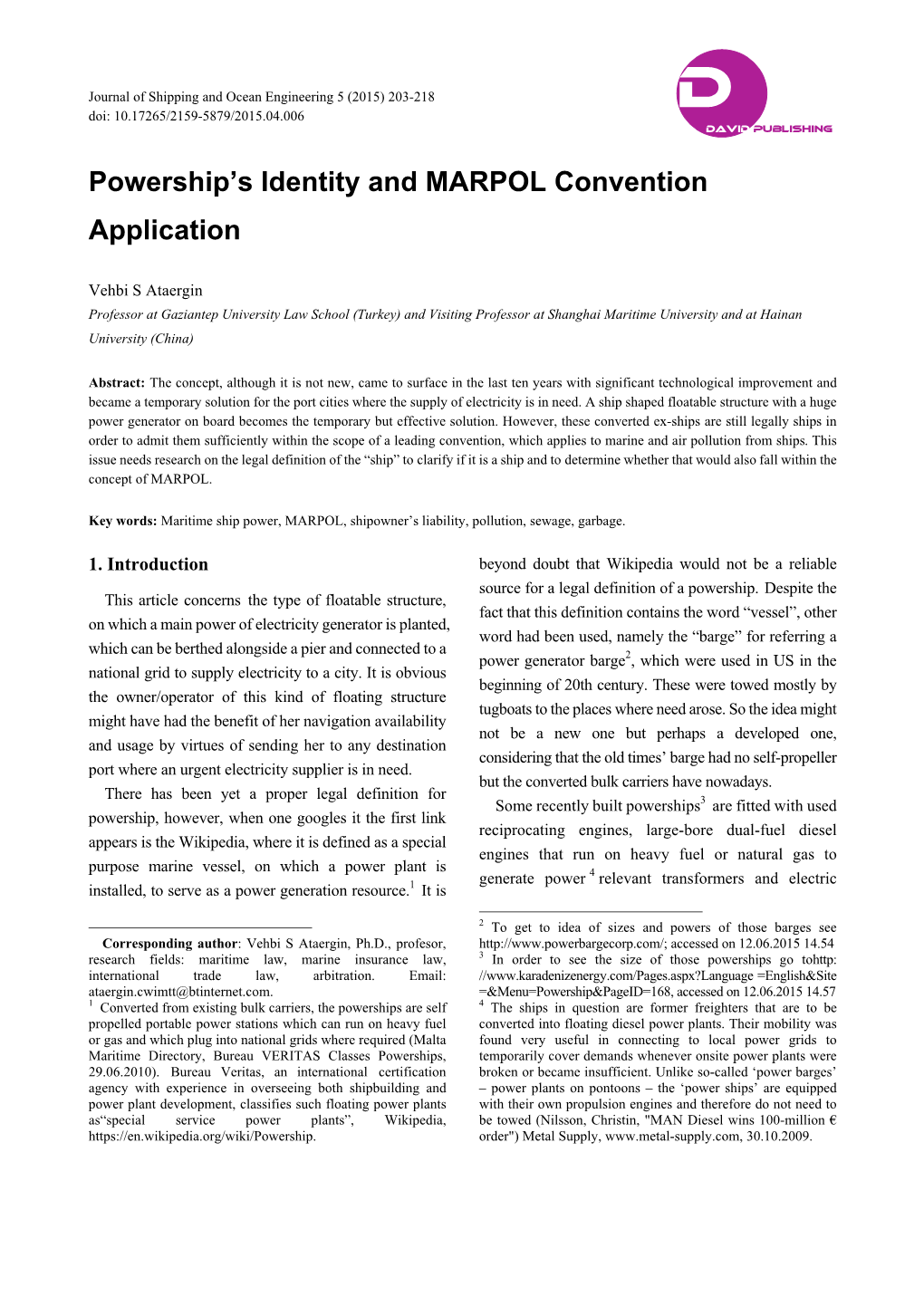 Powership's Identity and MARPOL Convention Application