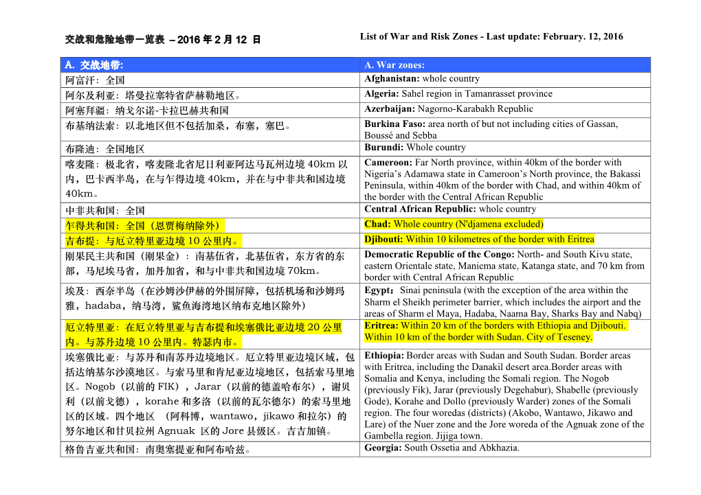 交战和危险地带一览表– 2016 年2 月12 日list of War and Risk Zones