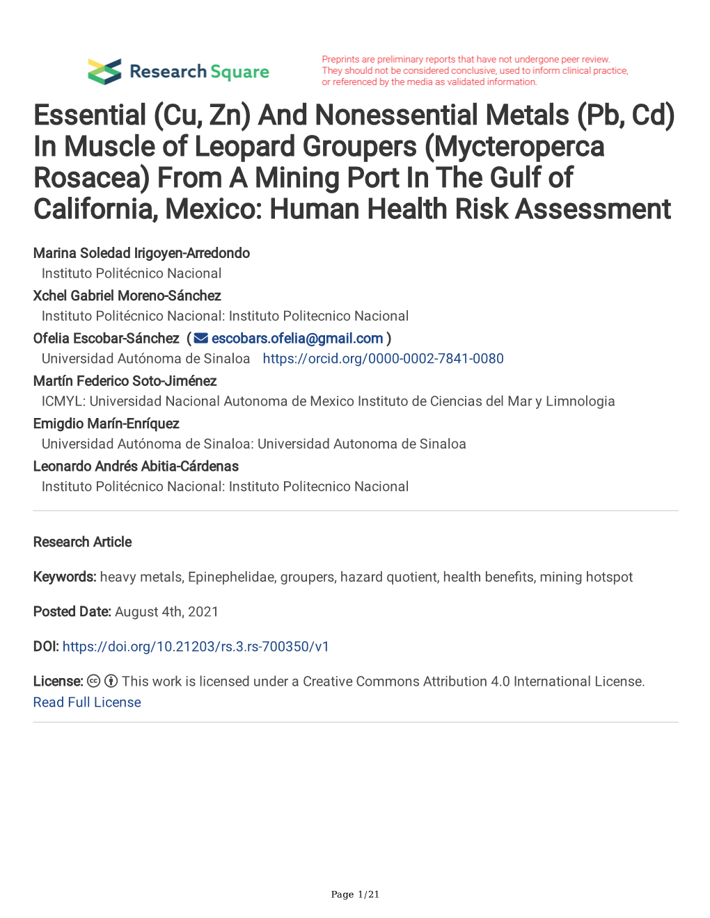In Muscle of Leopard Groupers (Mycteroperca Rosacea) from a Mining Port in the Gulf of California, Mexico: Human Health Risk Assessment