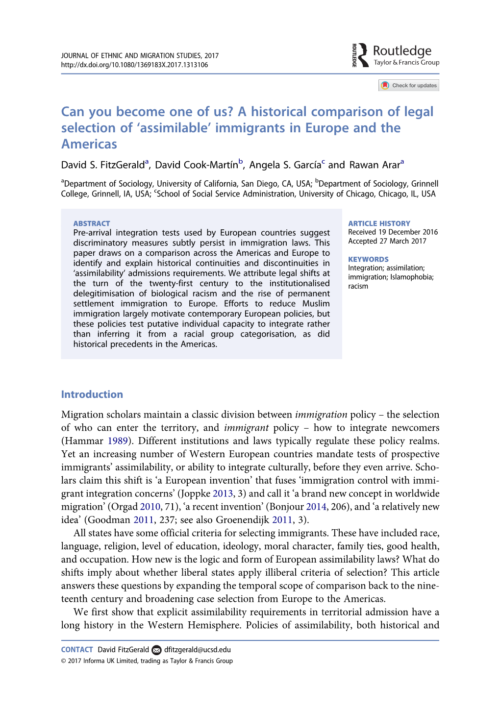 Can You Become One of Us? a Historical Comparison of Legal Selection of ‘Assimilable’ Immigrants in Europe and the Americas David S