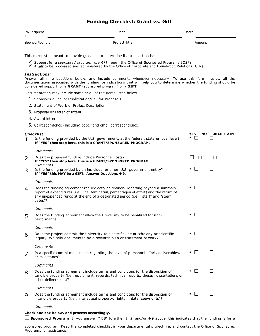 Funding Checklist: Grant Vs. Gift