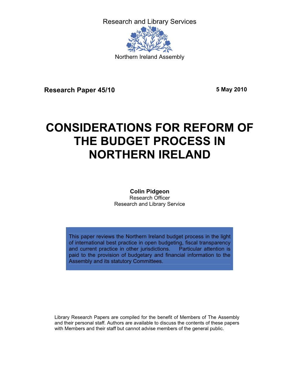 Considerations for Reform of the Budget Process in Northern Ireland