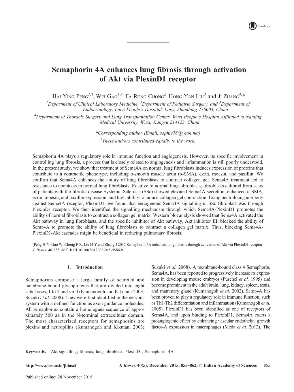 Semaphorin 4A Enhances Lung Fibrosis Through Activation of Akt Via Plexind1 Receptor