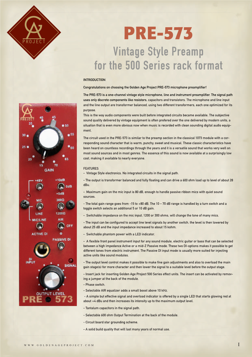 PRE-573 Vintage Style Preamp for the 500 Series Rack Format