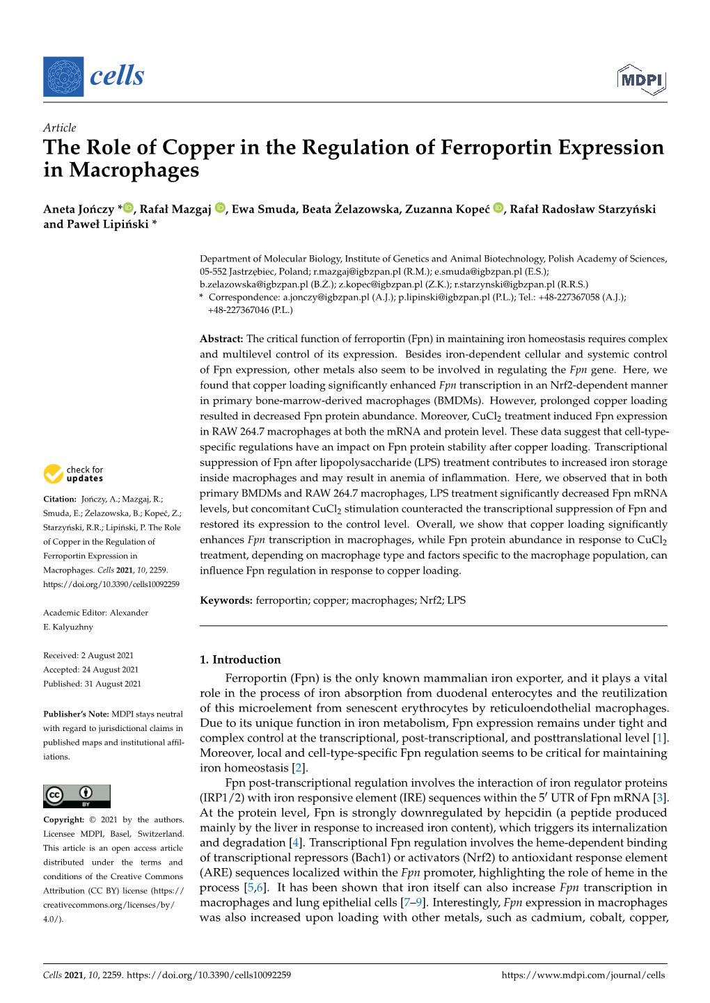 The Role of Copper in the Regulation of Ferroportin Expression in Macrophages