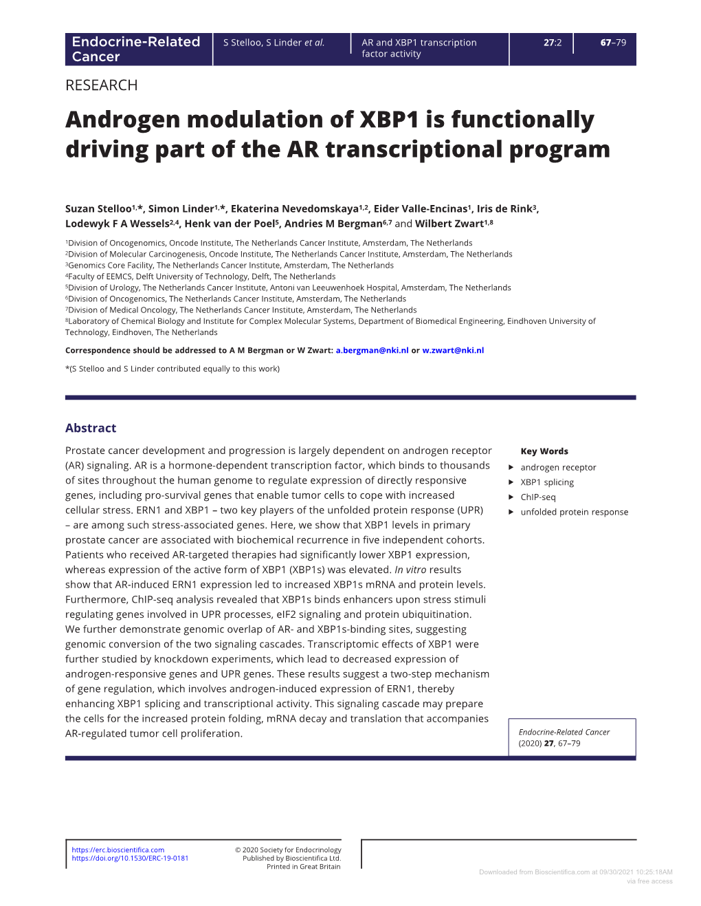 Androgen Modulation of XBP1 Is Functionally Driving Part of the AR Transcriptional Program