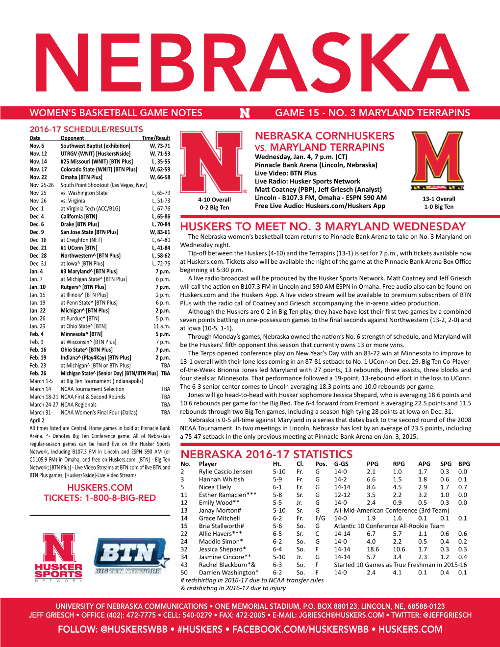 Nebraska 2016-17 Statistics Huskers to Meet No. 3