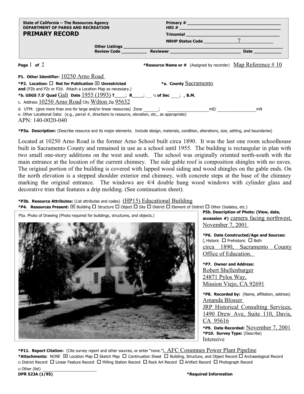 Page 1 of 2 *Resource Name Or # (Assigned by Recorder) Map Reference # 10