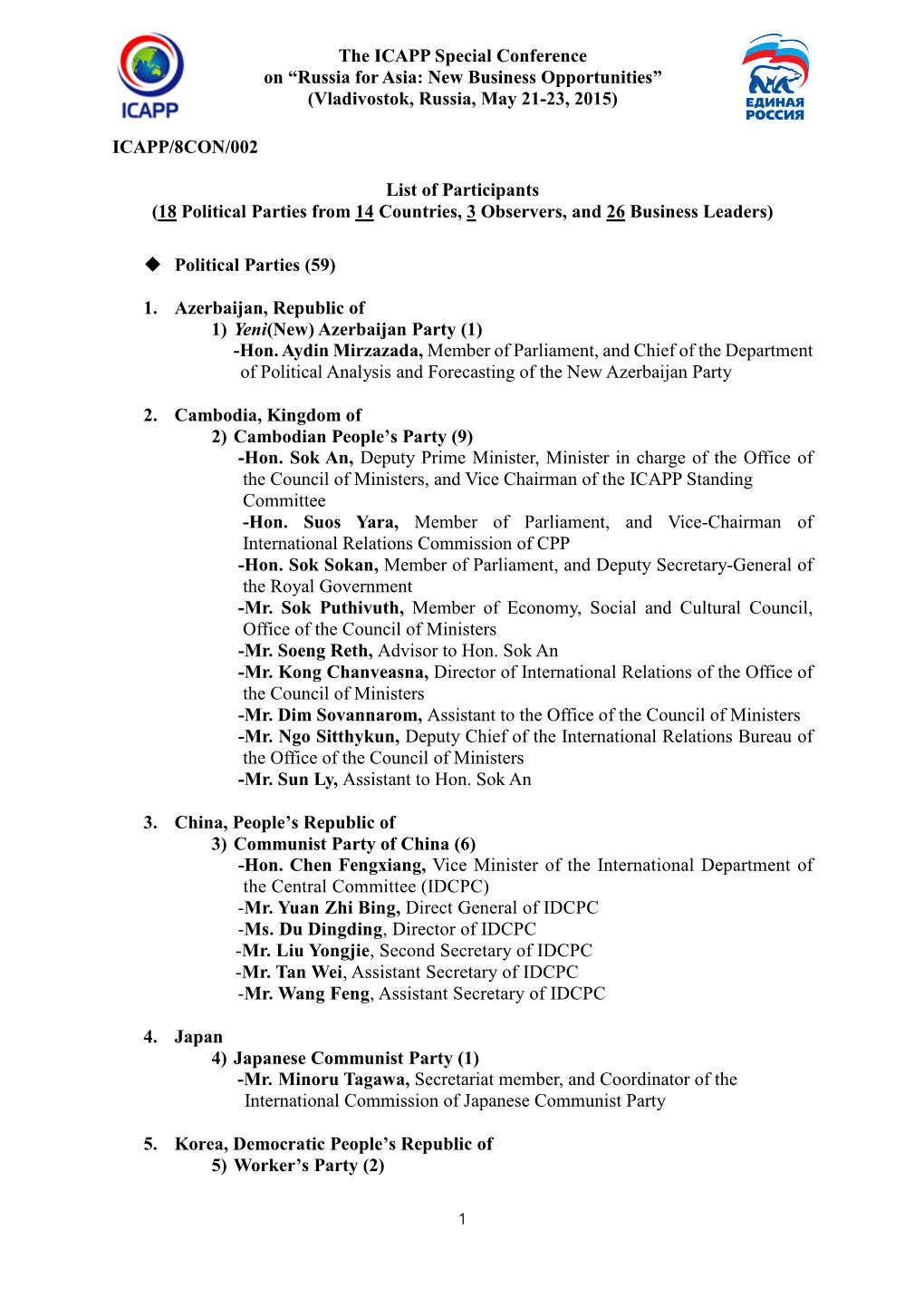 ICAPP Special Conference on “Russia for Asia: New Business Opportunities” (Vladivostok, Russia, May 21-23, 2015)