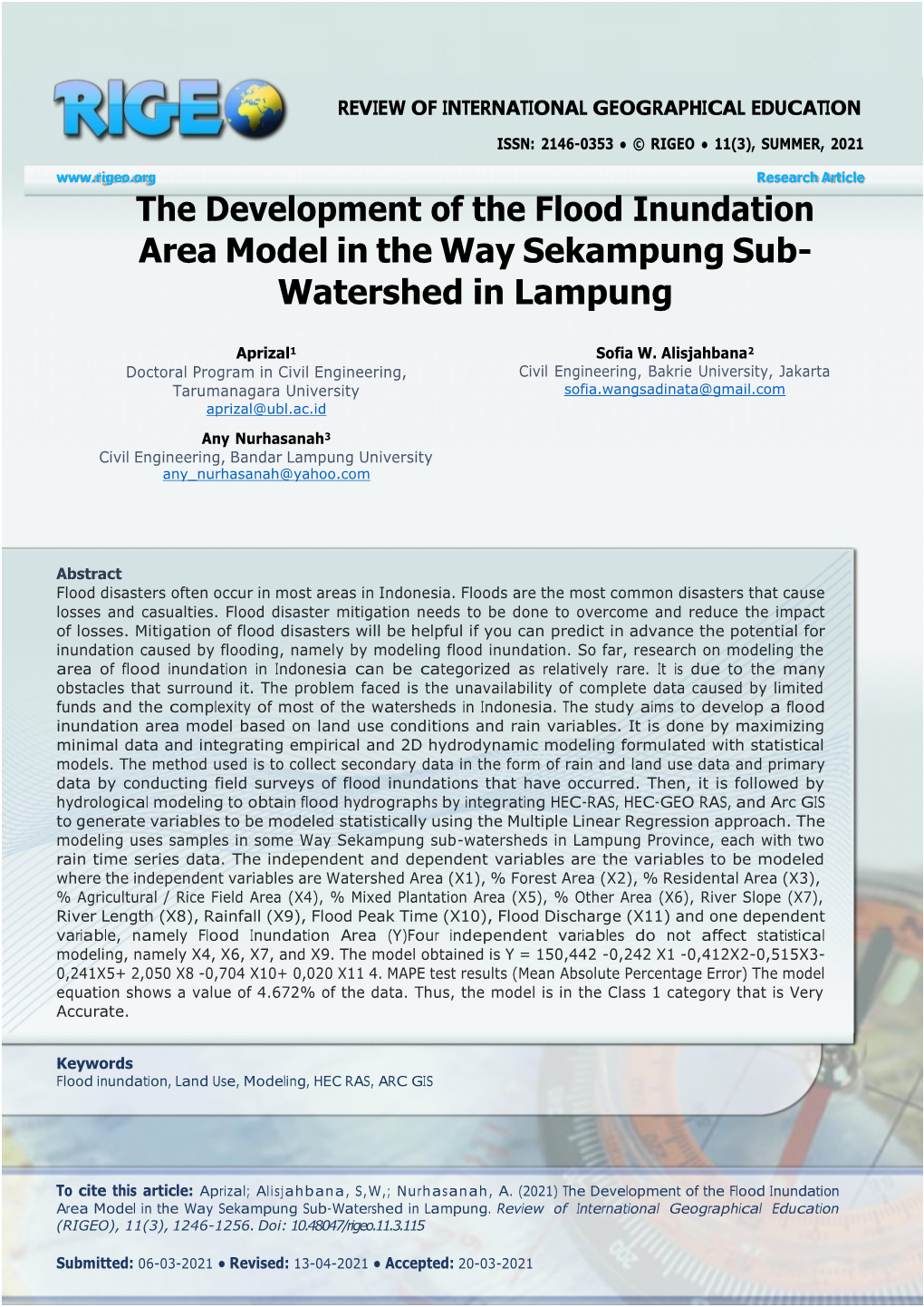 The Development of the Flood Inundation Area Model in the Way Sekampung Sub- Watershed in Lampung