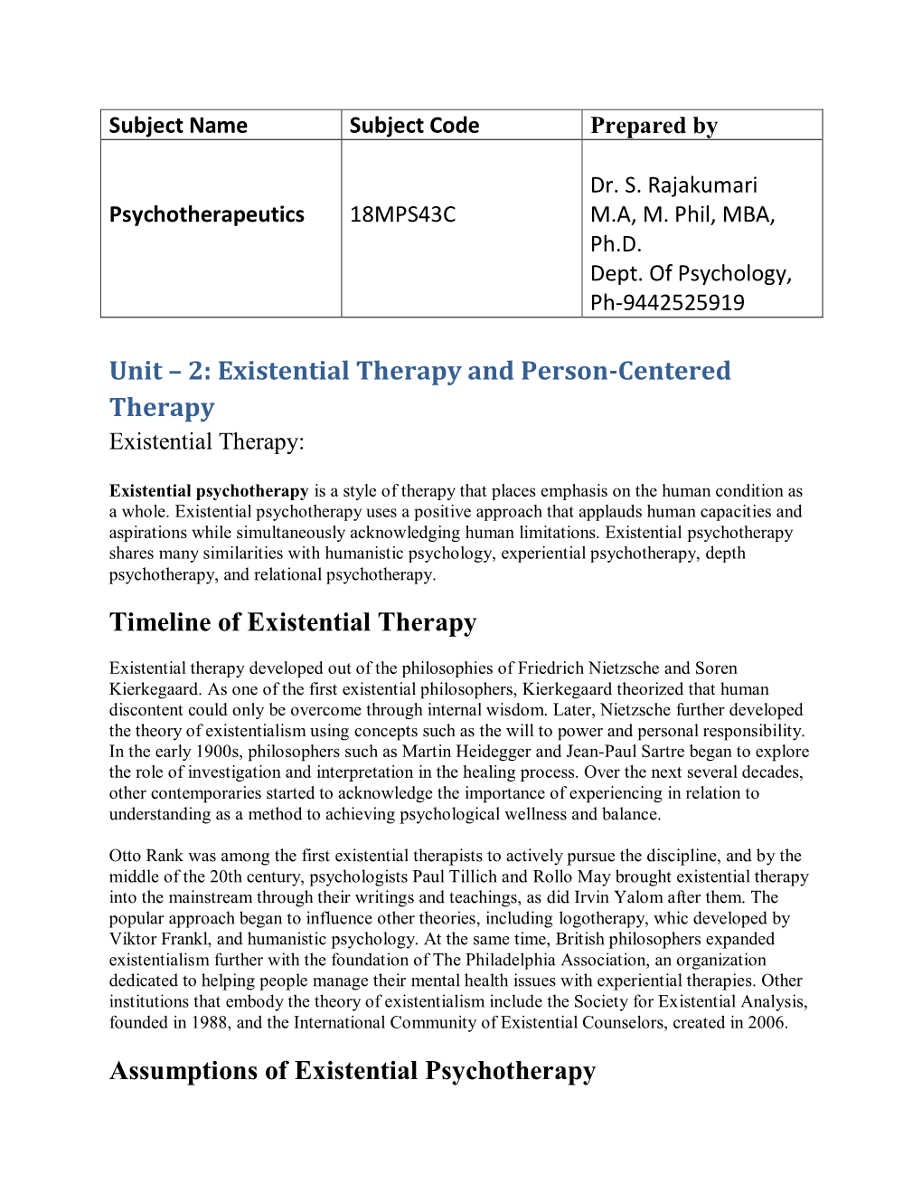 Unit – 2: Existential Therapy and Person-Centered Therapy Timeline