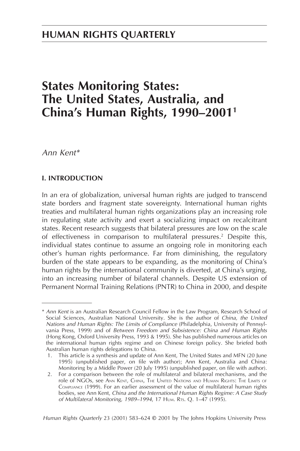 The United States, Australia, and China's Human Rights, 1990–20011