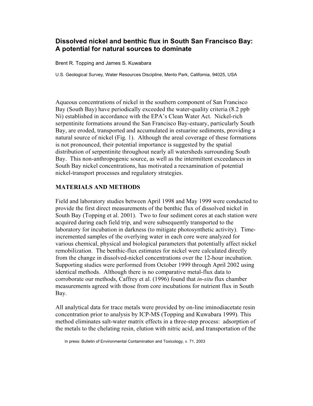 Dissolved Nickel and Benthic Flux in South San Francisco Bay: a Potential for Natural Sources to Dominate