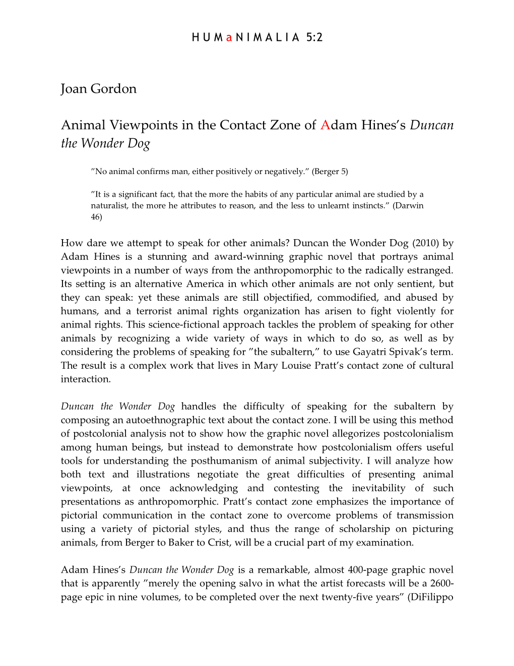 Joan Gordon Animal Viewpoints in the Contact Zone of Adam Hines's