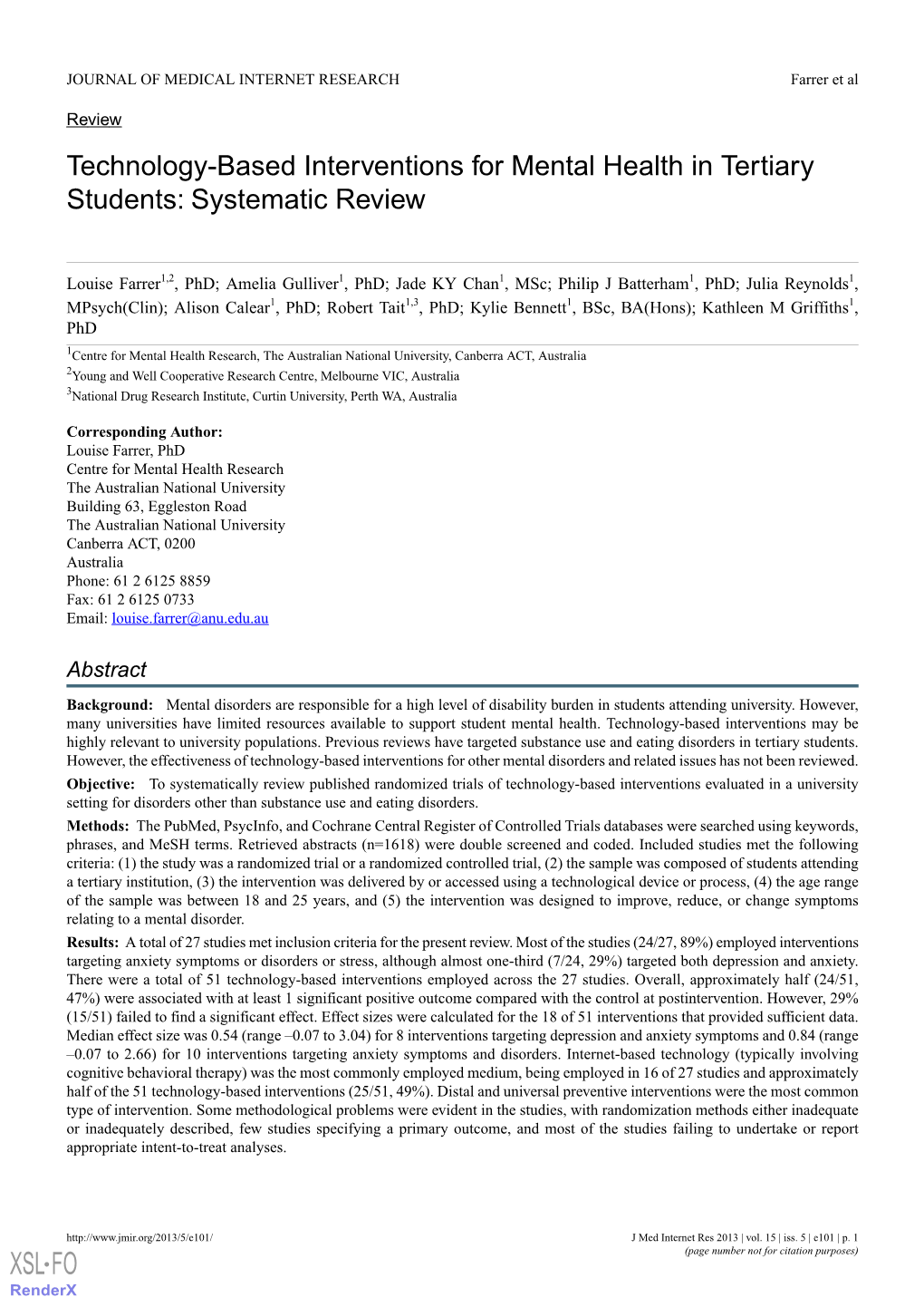 Technology-Based Interventions for Mental Health in Tertiary Students: Systematic Review