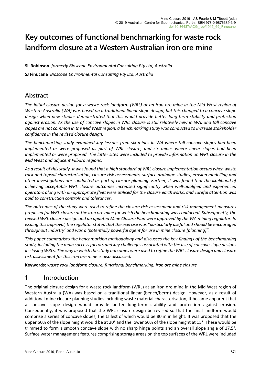 Key Outcomes of Functional Benchmarking for Waste Rock Landform Closure at a Western Australian Iron Ore Mine