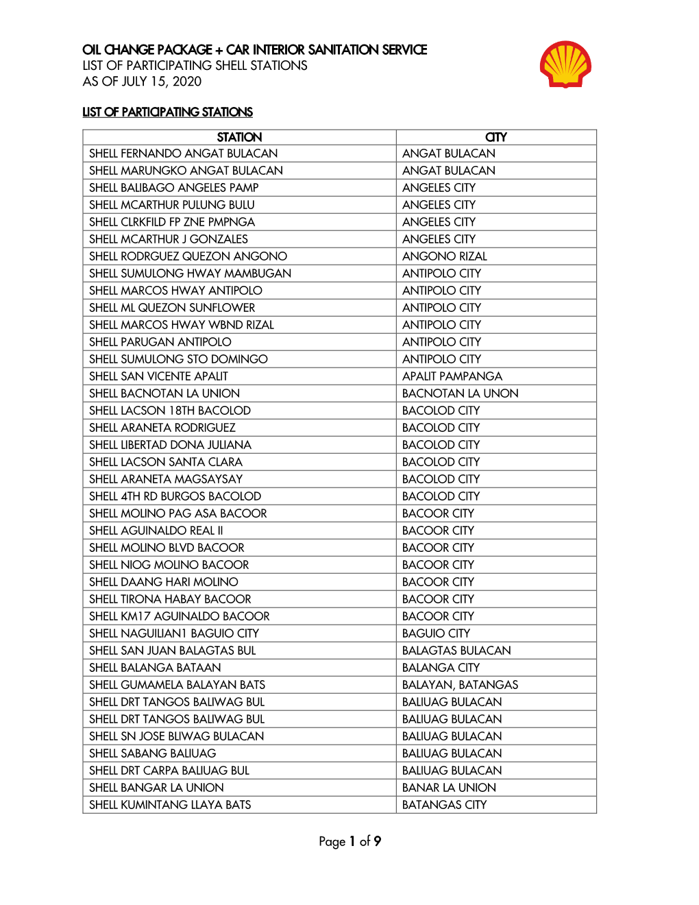 Oil Change Package + Car Interior Sanitation Service List of Participating Shell Stations As of July 15, 2020