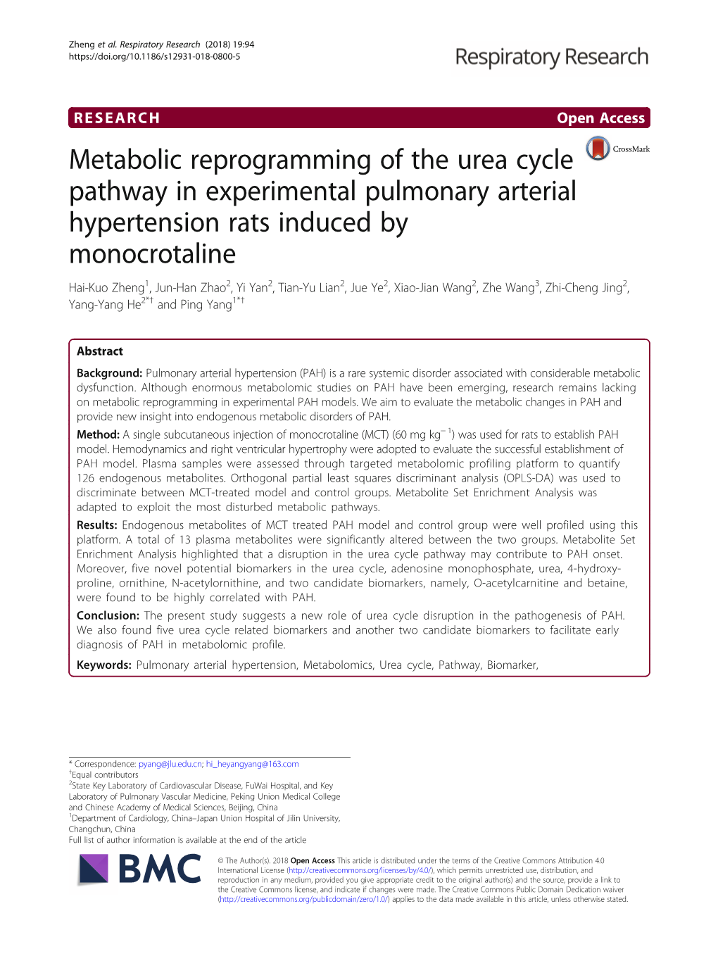 Metabolic Reprogramming of the Urea Cycle Pathway in Experimental Pulmonary Arterial Hypertension Rats Induced by Monocrotaline