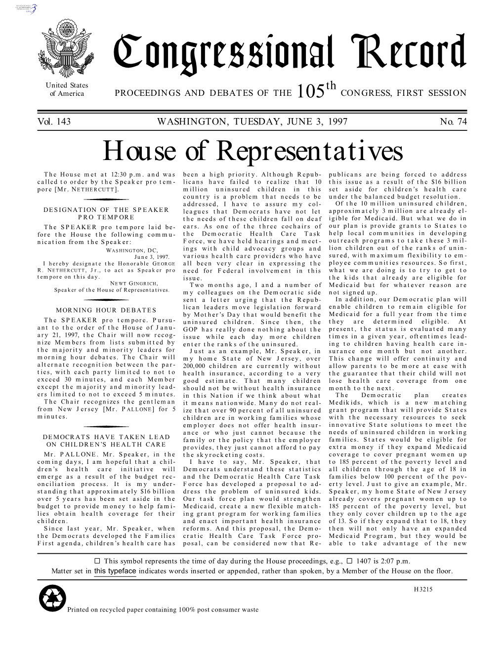 Congressional Record United States Th of America PROCEEDINGS and DEBATES of the 105 CONGRESS, FIRST SESSION