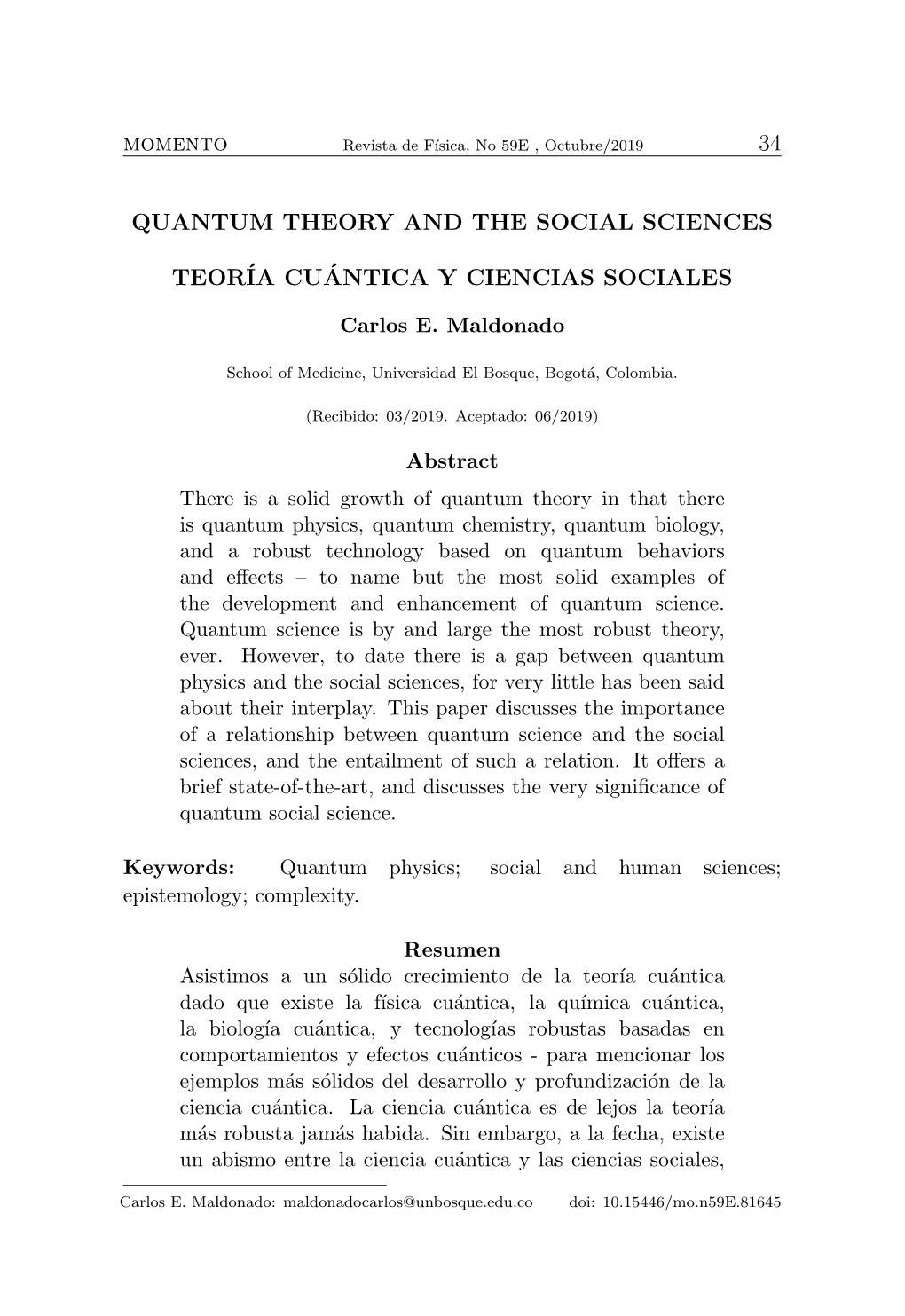 Momento 34 QUANTUM THEORY and the SOCIAL SCIENCES