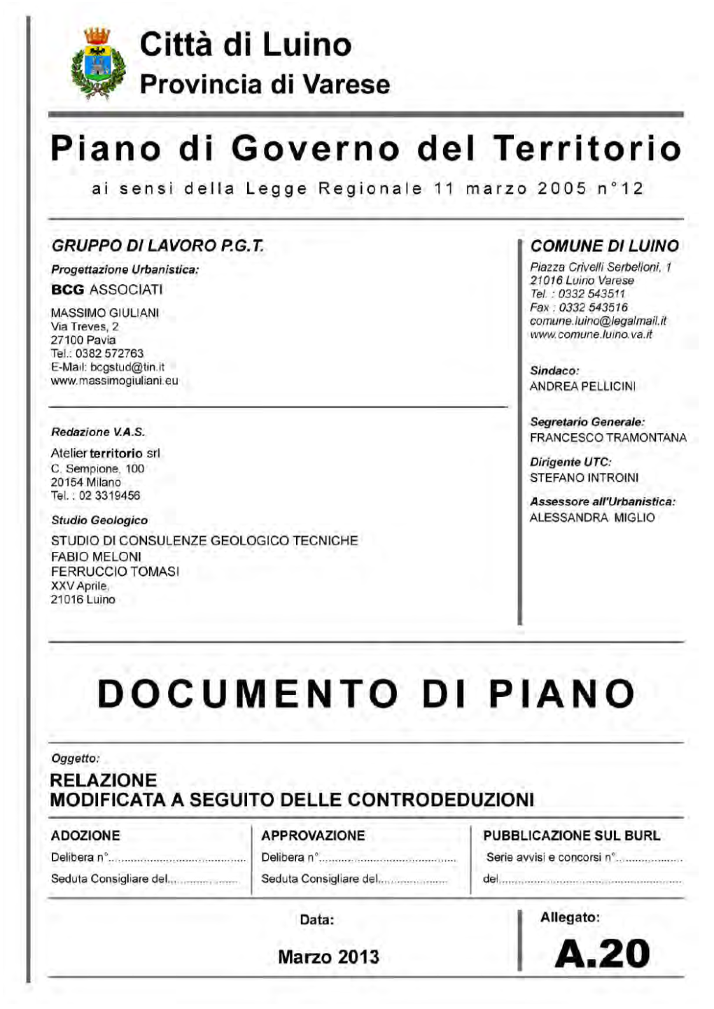 Relazione Del Documento Di Piano 1 Comune Di Luino (VA) Piano Di Governo Del Territorio